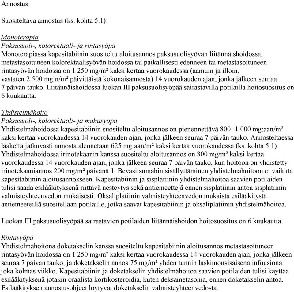 paikallisesti edenneen tai metastasoituneen rintasyövän hoidossa on 1 250 mg/m² kaksi kertaa vuorokaudessa (aamuin ja illoin, vastaten 2 500 mg:n/m² päivittäistä kokonaisannosta) 14 vuorokauden ajan,