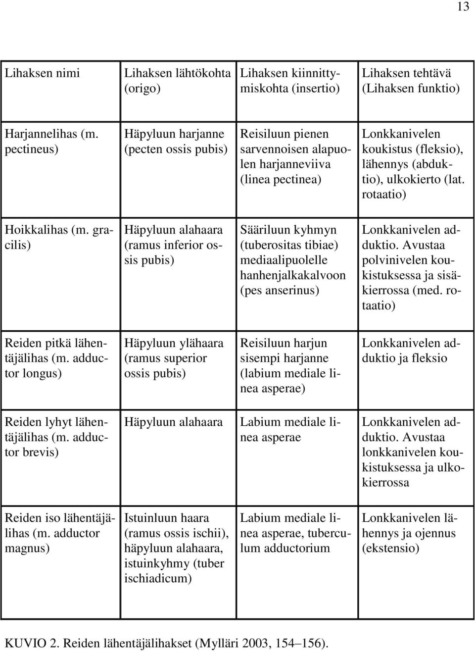 rotaatio) Hoikkalihas (m. gracilis) Häpyluun alahaara (ramus inferior ossis pubis) Sääriluun kyhmyn (tuberositas tibiae) mediaalipuolelle hanhenjalkakalvoon (pes anserinus) Lonkkanivelen adduktio.