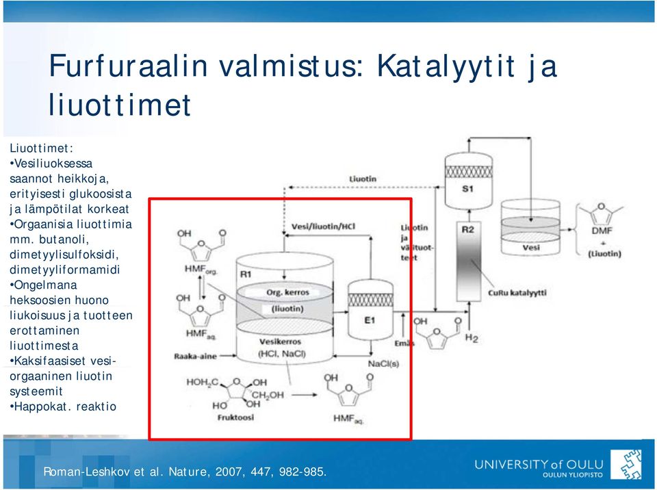 butanoli, dimetyylisulfoksidi, dimetyyliformamidi Ongelmana heksoosien huono liukoisuus ja tuotteen