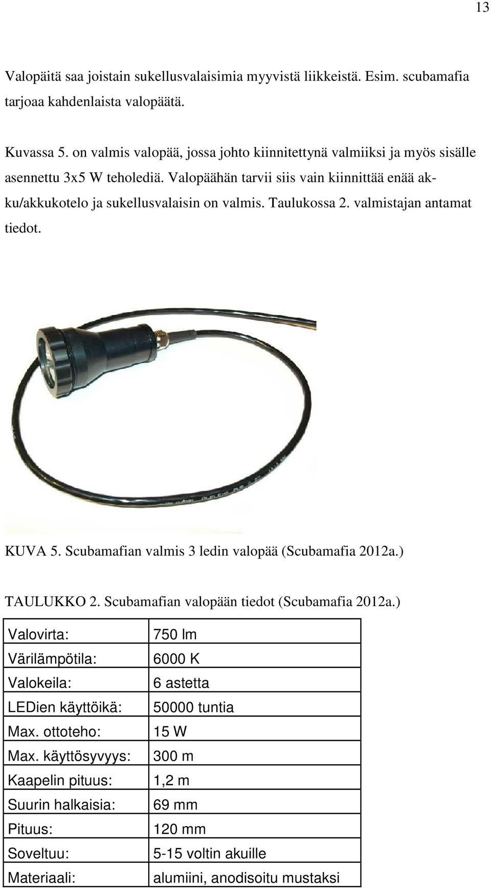 Taulukossa 2. valmistajan antamat tiedot. KUVA 5. Scubamafian valmis 3 ledin valopää (Scubamafia 2012a.) TAULUKKO 2. Scubamafian valopään tiedot (Scubamafia 2012a.