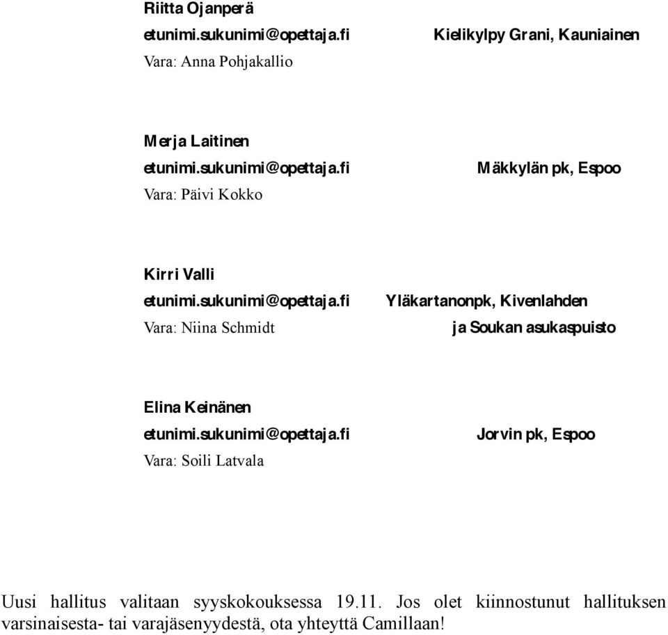 asukaspuisto Elina Keinänen Vara: Soili Latvala Jorvin pk, Espoo Uusi hallitus valitaan