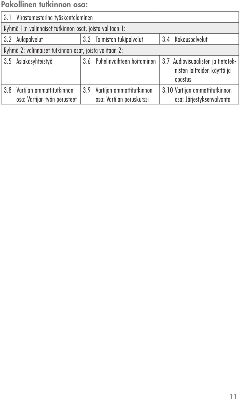 5 Asiakasyhteistyö 3.6 Puhelinvaihteen hoitaminen 3.7 Audiovisuaalisten ja tietoteknisten laitteiden käyttö ja opastus 3.