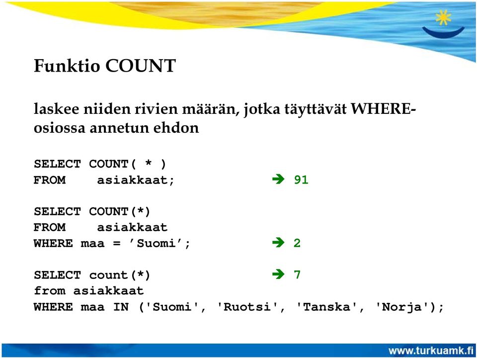 SELECT COUNT(*) FROM asiakkaat WHERE maa = Suomi ; 2 SELECT