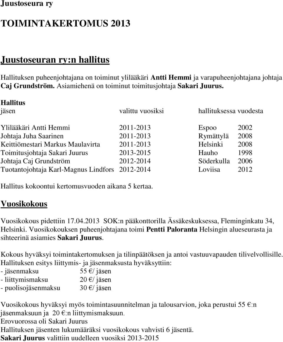 Hallitus jäsen valittu vuosiksi hallituksessa vuodesta Ylilääkäri Antti Hemmi 2011-2013 Espoo 2002 Johtaja Juha Saarinen 2011-2013 Rymättylä 2008 Keittiömestari Markus Maulavirta 2011-2013 Helsinki