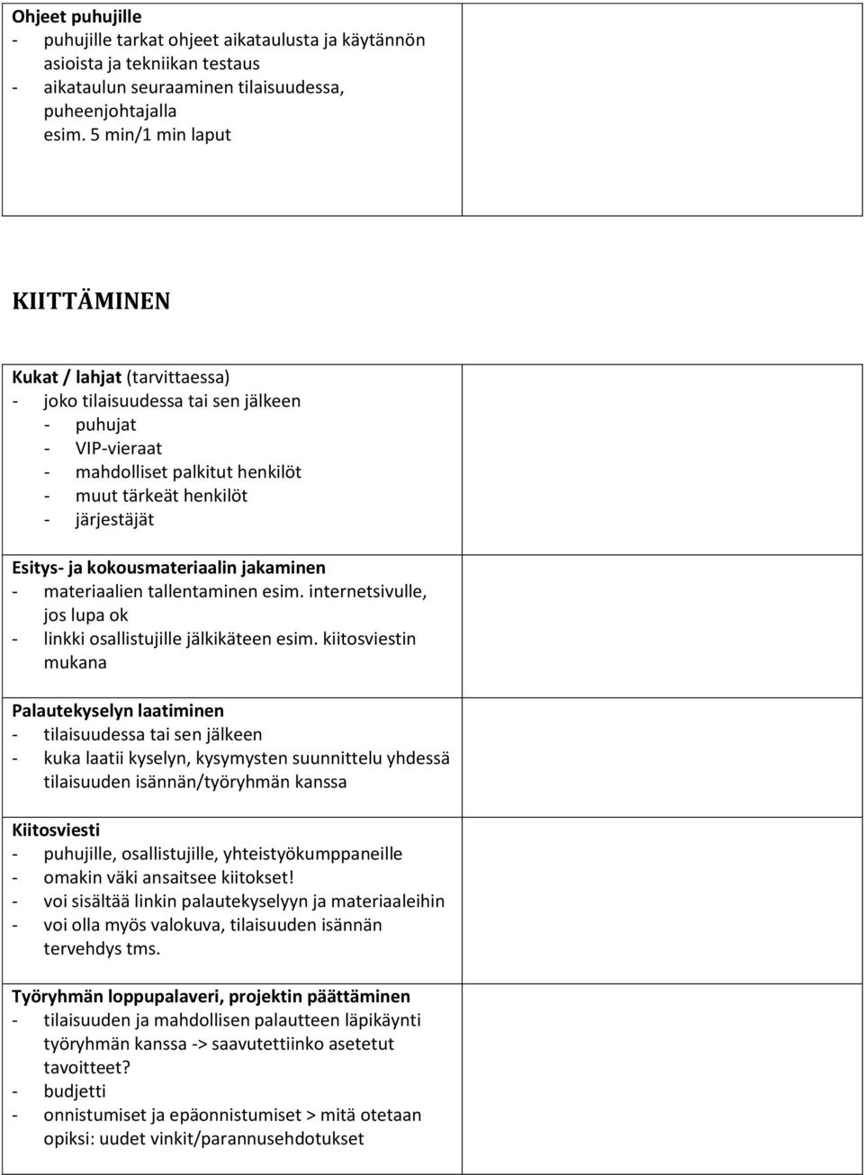 ja kokousmateriaalin jakaminen - materiaalien tallentaminen esim. internetsivulle, jos lupa ok - linkki osallistujille jälkikäteen esim.