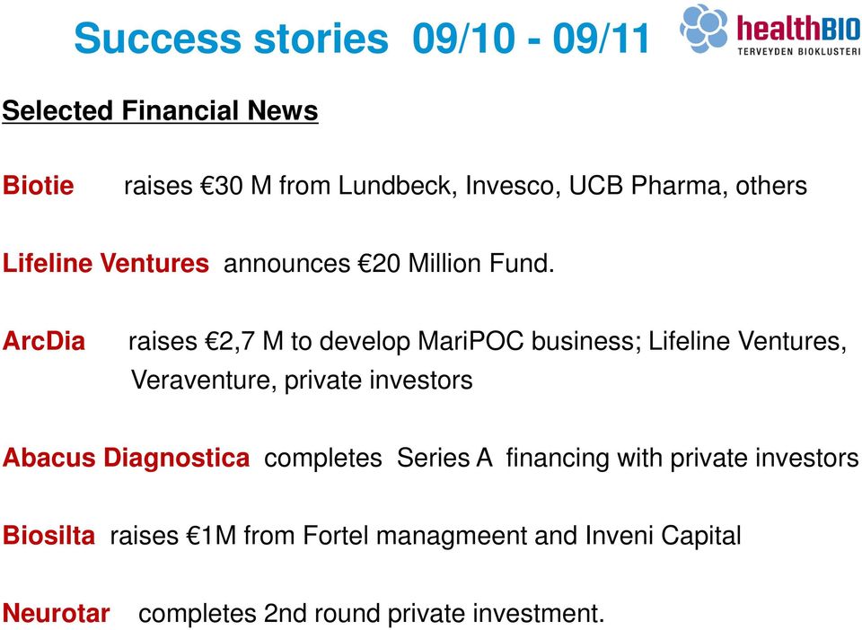 ArcDia raises 2,7 M to develop MariPOC business; Lifeline Ventures, Veraventure, private investors Abacus