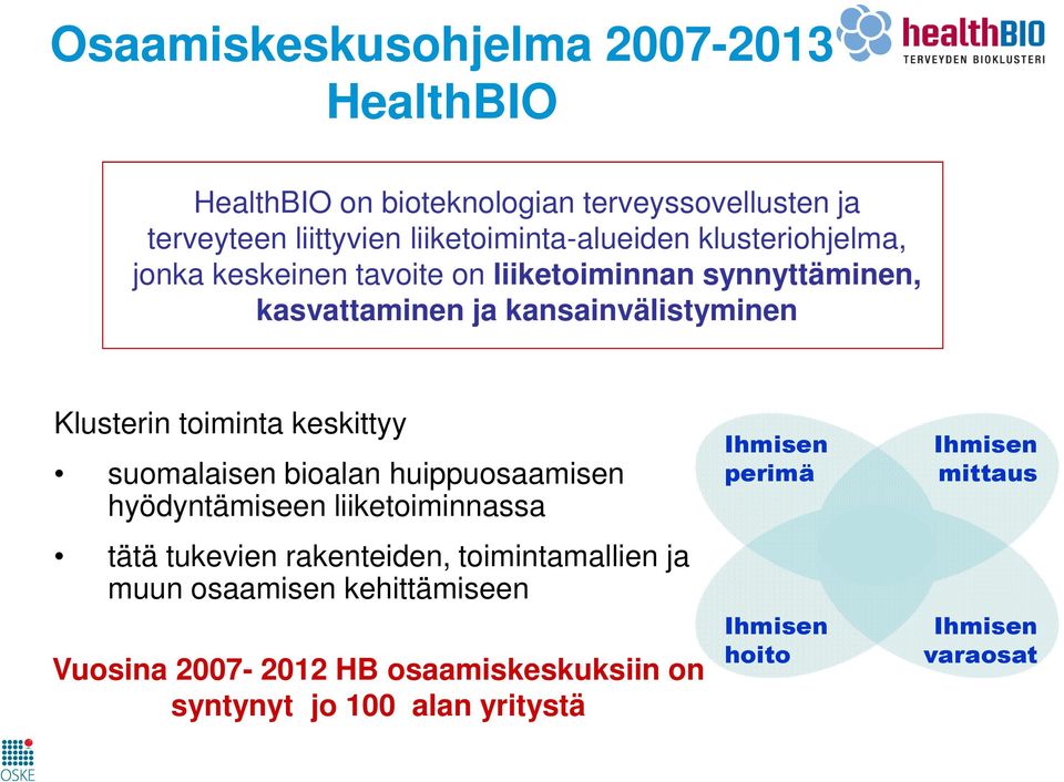 keskittyy suomalaisen bioalan huippuosaamisen hyödyntämiseen liiketoiminnassa tätä tukevien rakenteiden, toimintamallien ja muun