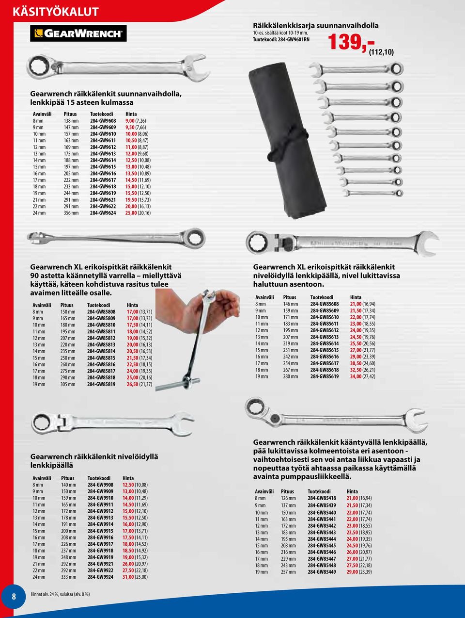 284-GW9609 9,50 (7,66) 10 mm 157 mm 284-GW9610 10,00 (8,06) 11 mm 163 mm 284-GW9611 10,50 (8,47) 12 mm 169 mm 284-GW9612 11,00 (8,87) 13 mm 175 mm 284-GW9613 12,00 (9,68) 14 mm 188 mm 284-GW9614