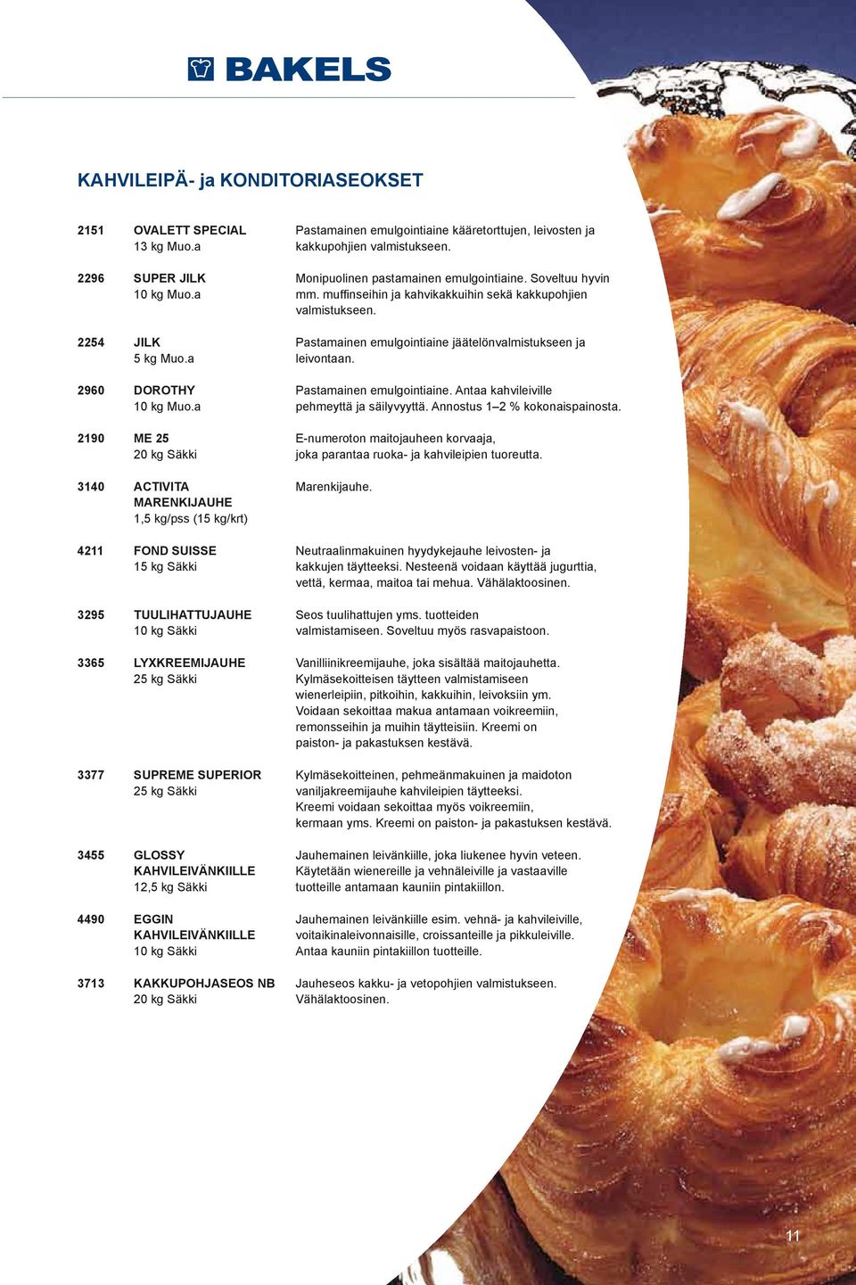 2254 JILK Pastamainen emulgointiaine jäätelönvalmistukseen ja 5 kg Muo.a leivontaan. 2960 DOROTHY Pastamainen emulgointiaine. Antaa kahvileiville 10 kg Muo.a pehmeyttä ja säilyvyyttä.