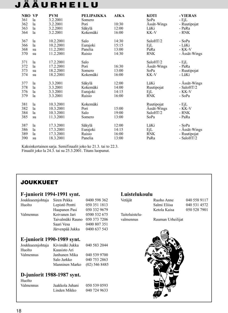 2.2001 Pori 16:30 Ässät-Wings - PaRa 373 su 18.2.2001 Somero 13:00 SoPa - Ruutipojat 374 su 18.2.2001 Kokemäki 16:00 KK-V - LäKi 377 la 3.3.2001 Säkylä 12:00 LäKi - Ässät-Wings 378 la 3.3.2001 Kokemäki 14:00 Ruutipojat - SaloHT/2 376 la 3.