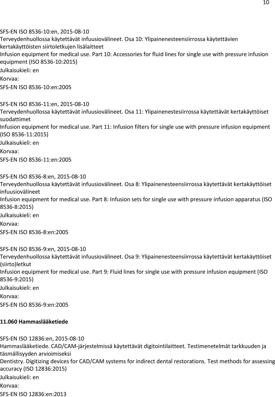 Part 10: Accessories for fluid lines for single use with pressure infusion equipment (ISO 8536-10:2015) SFS-EN ISO 8536-10:en:2005 SFS-EN ISO 8536-11:en, 2015-08-10 Terveydenhuollossa käytettävät