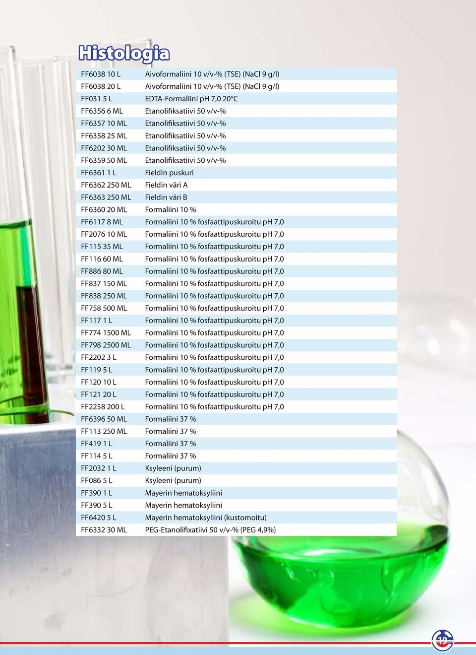Fieldin puskuri Fieldin väri A Fieldin väri B FF6360 20 ML Formaliini 10 % FF6117 8 ML Formaliini 10 % fosfaattipuskuroitu ph 7,0 FF2076 10 ML Formaliini 10 % fosfaattipuskuroitu ph 7,0 FF115 35 ML