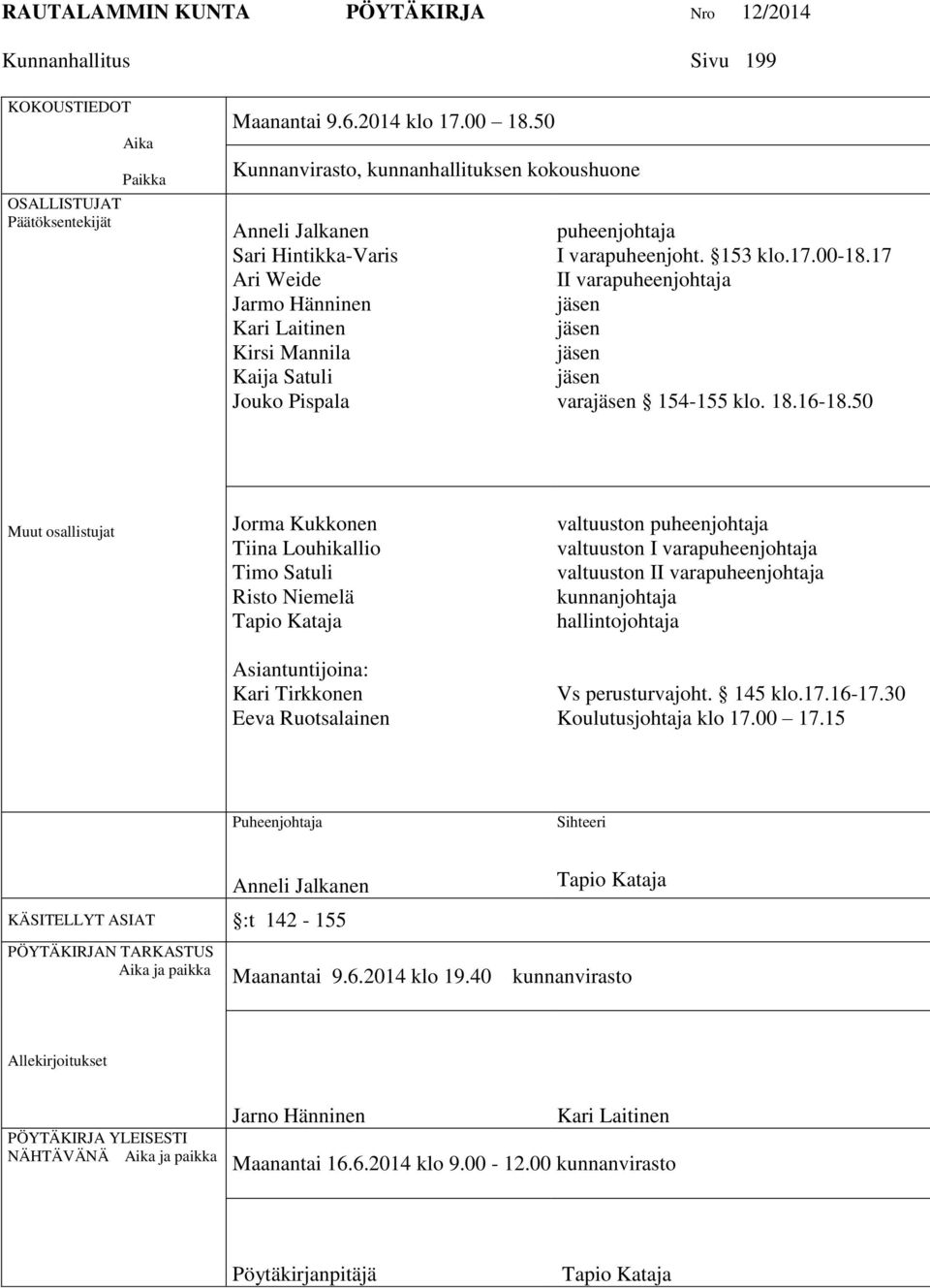 153 klo.17.00-18.17 II varapuheenjohtaja jäsen jäsen jäsen jäsen varajäsen 154-155 klo. 18.16-18.