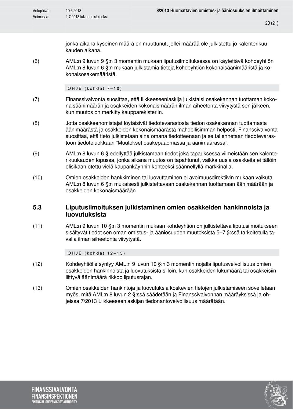 OHJE (kohdat 7 10) (7) Finanssivalvonta suosittaa, että liikkeeseenlaskija julkistaisi osakekannan tuottaman kokonaisäänimäärän ja osakkeiden kokonaismäärän ilman aiheetonta viivytystä sen jälkeen,