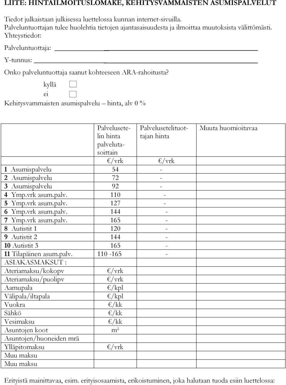 Kehitysvammaisten asumispalvelu hinta, alv 0 % Palvelusetelin hinta palvelutasoittain Palvelusetelituottajan hinta /vrk 1 Asumispalvelu 54-2 Asumispalvelu 72-3 Asumispalvelu 92-4 Ymp.vrk asum.palv. 110-5 Ymp.