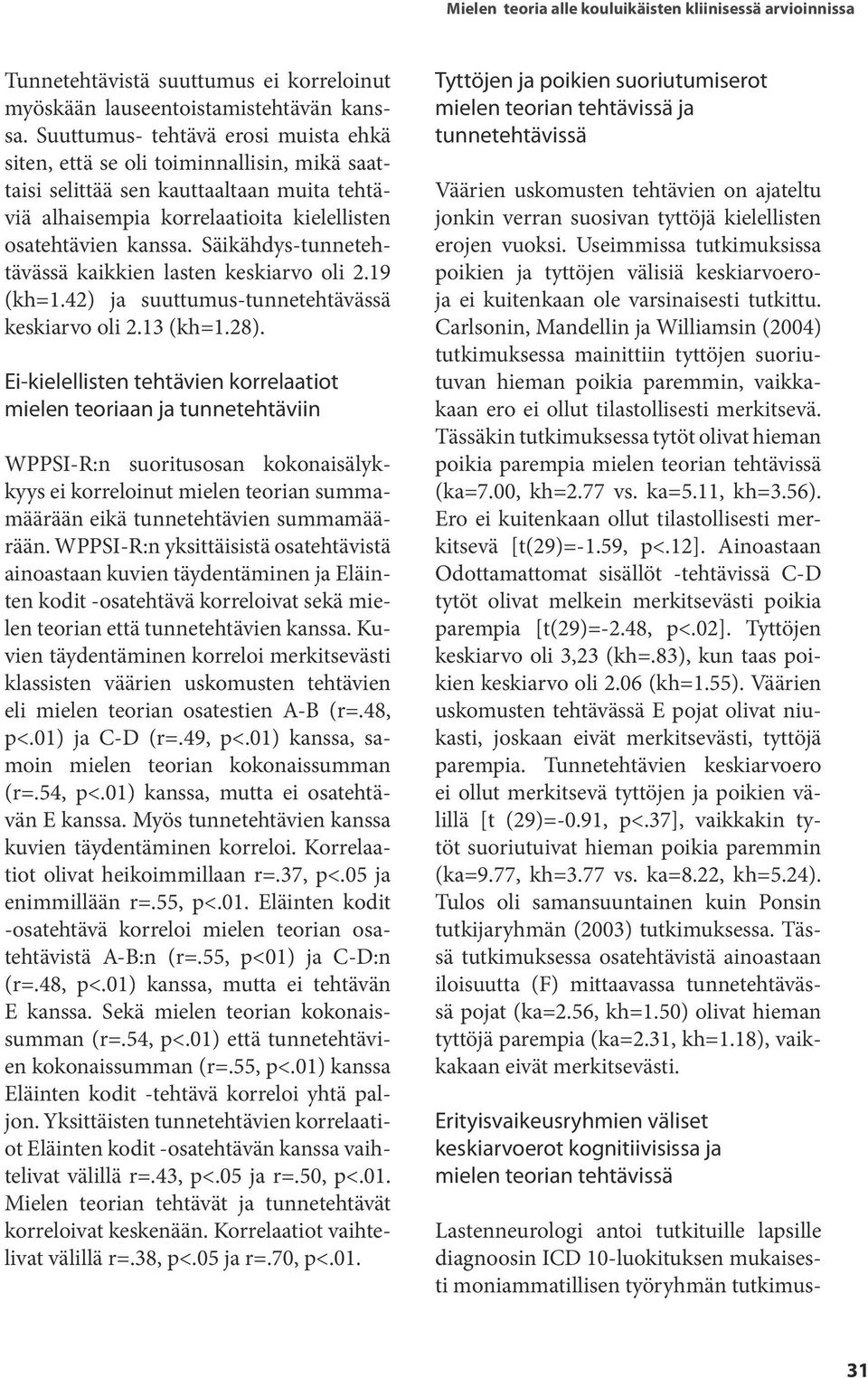 Säikähdys-tunnetehtävässä kaikkien lasten keskiarvo oli 2.19 (kh=1.42) ja suuttumus-tunnetehtävässä keskiarvo oli 2.13 (kh=1.28).