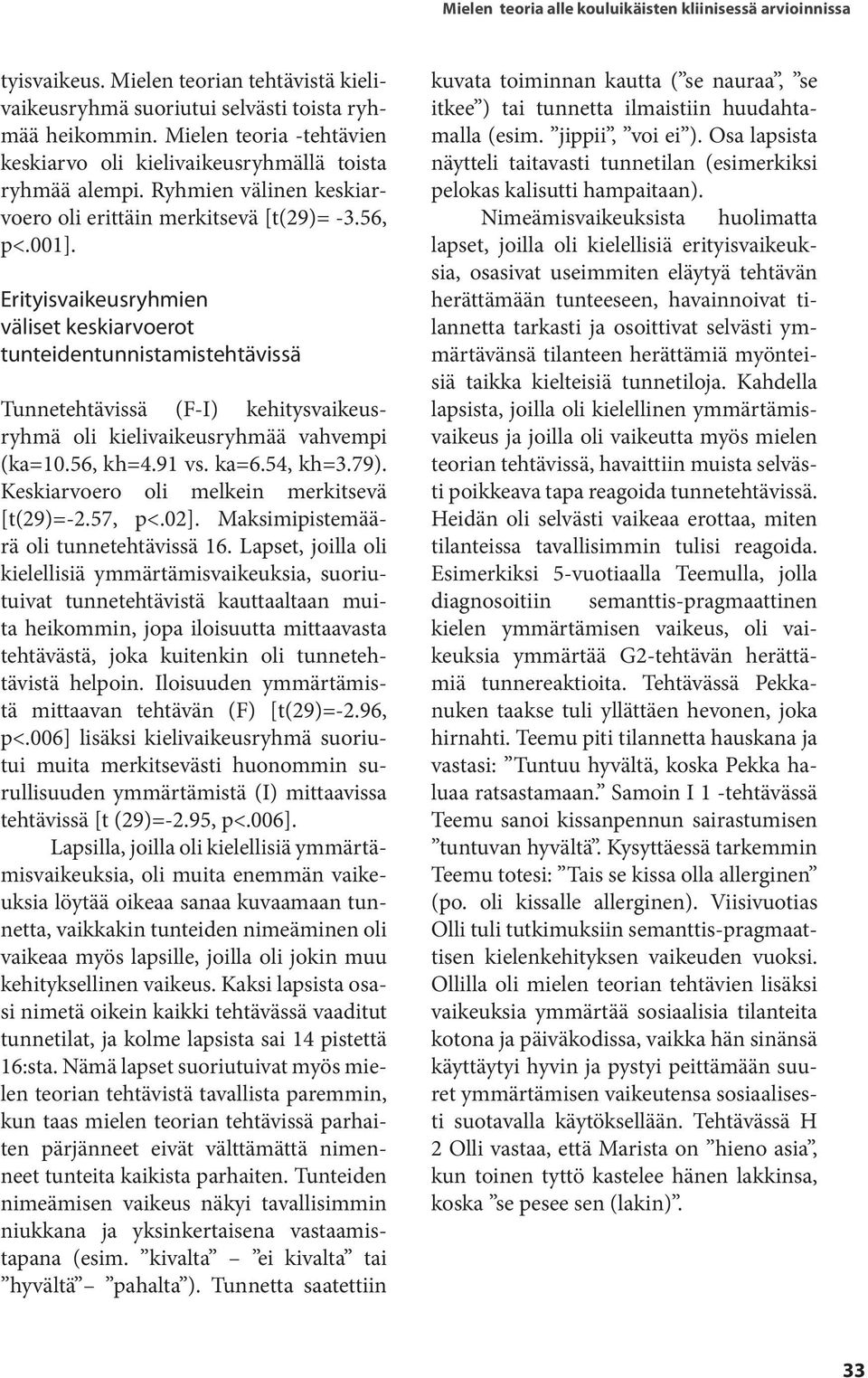 Erityisvaikeusryhmien väliset keskiarvoerot tunteidentunnistamistehtävissä Tunnetehtävissä (F-I) kehitysvaikeusryhmä oli kielivaikeusryhmää vahvempi (ka=10.56, kh=4.91 vs. ka=6.54, kh=3.79).