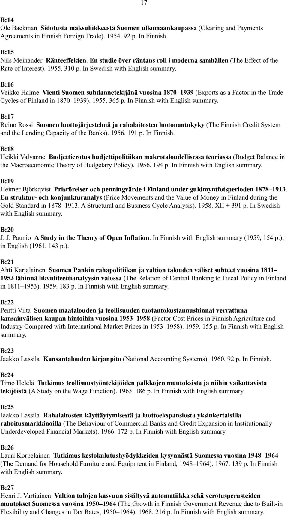 B:16 Veikko Halme Vienti Suomen suhdannetekijänä vuosina 1870 1939 (Exports as a Factor in the Trade Cycles of Finland in 1870 1939). 1955. 365 p. In Finnish with English summary.