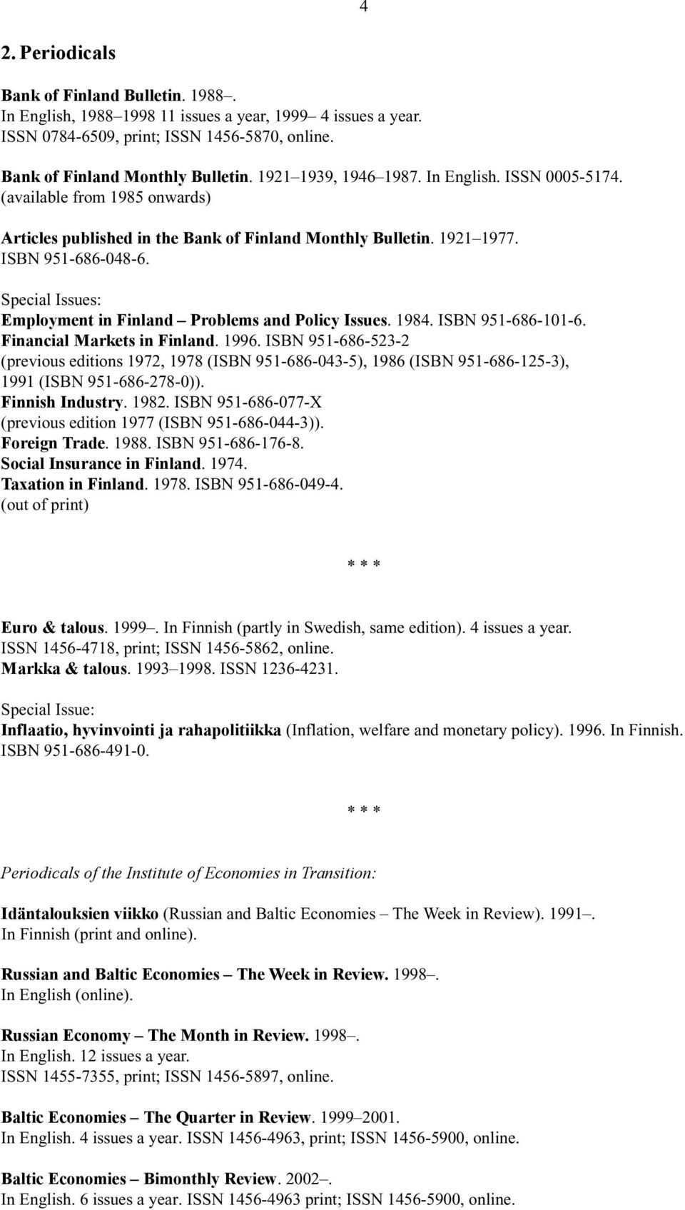 Special Issues: Employment in Finland Problems and Policy Issues. 1984. ISBN 951-686-101-6. Financial Markets in Finland. 1996.