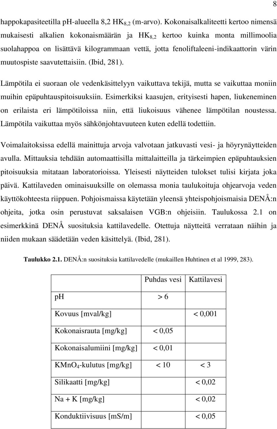 muutospiste saavutettaisiin. (Ibid, 281). Lämpötila ei suoraan ole vedenkäsittelyyn vaikuttava tekijä, mutta se vaikuttaa moniin muihin epäpuhtauspitoisuuksiin.