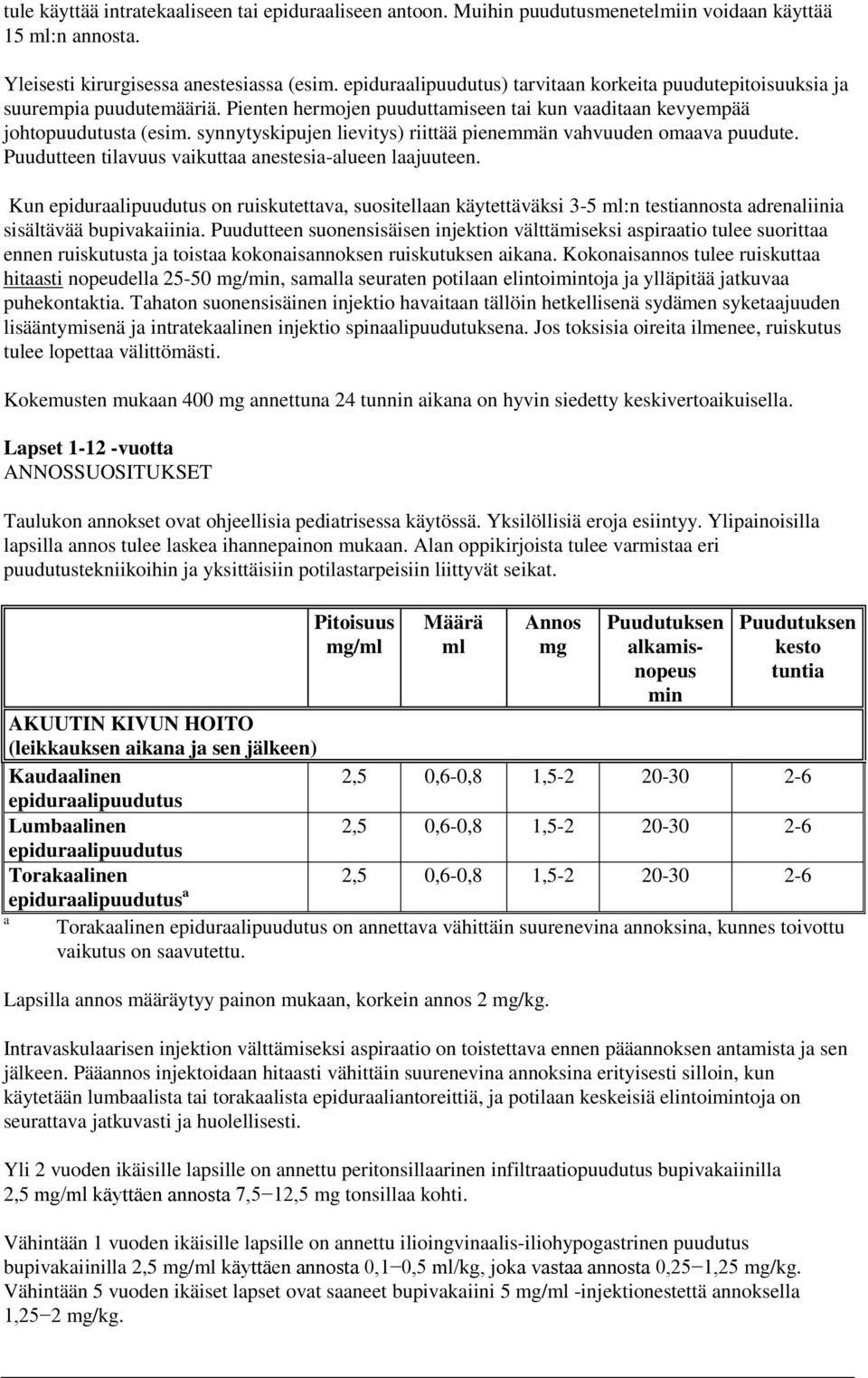 synnytyskipujen lievitys) riittää pienemmän vahvuuden omaava puudute. Puudutteen tilavuus vaikuttaa anestesia-alueen laajuuteen.