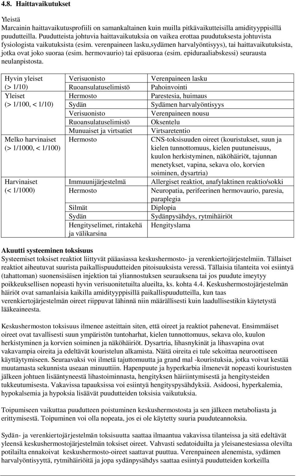 verenpaineen lasku,sydämen harvalyöntisyys), tai haittavaikutuksista, jotka ovat joko suoraa (esim. hermovaurio) tai epäsuoraa (esim. epiduraaliabskessi) seurausta neulanpistosta.