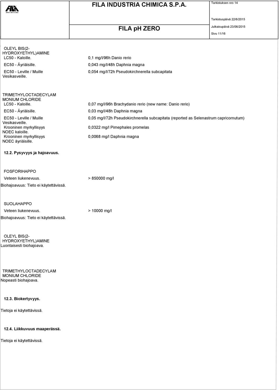 EC50 - Leville / Muille Vesikasveille. Krooninen myrkyllisyys NOEC kaloille. Krooninen myrkyllisyys NOEC äyriäisille.