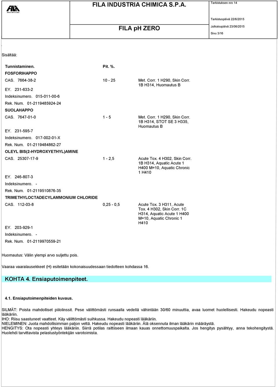 01-2119484862-27 OLEYL BIS(2-HYDROXYETHYL)AMINE CAS. 25307-17-9 1-2,5 Acute Tox. 4 H302, Skin Corr. 1B H314, Aquatic Acute 1 H400 M=10, Aquatic Chronic 1 H410 EY. 246-807-3 Indeksinumero. - Rek. Num.