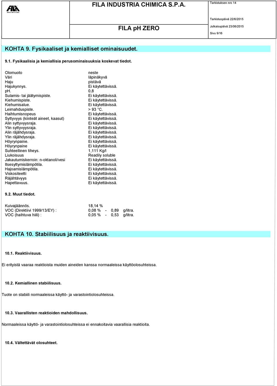 Ylin räjähdysraja. Höyrynpaine. Höyrynpaine Suhteellinen tiheys. 1,111 Kg/l Liukoisuus Readily soluble Jakautumiskerroin: n-oktanoli/vesi Itsesyttymislämpötila. Hajoamislämpötila.