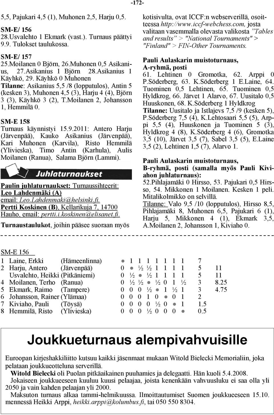 Moilanen 2, Johansson 1, Hemmilä 0. SM-E 158 Turnaus käynnistyi 15.9.