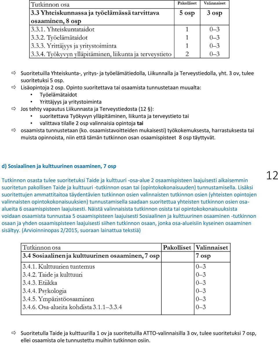 liikunta ja terveystieto tai valittava tilalle 2 osp valinnaisia opintoja tai osaamista tunnustetaan (ko.