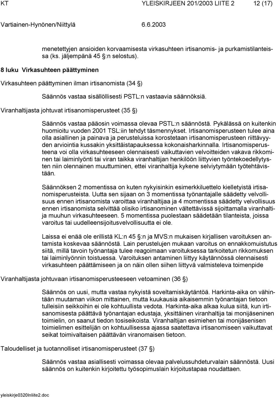 Viranhaltijasta johtuvat irtisanomisperusteet (35 ) Säännös vastaa pääosin voimassa olevaa PSTL:n säännöstä. Pykälässä on kuitenkin huomioitu vuoden 2001 TSL:iin tehdyt täsmennykset.