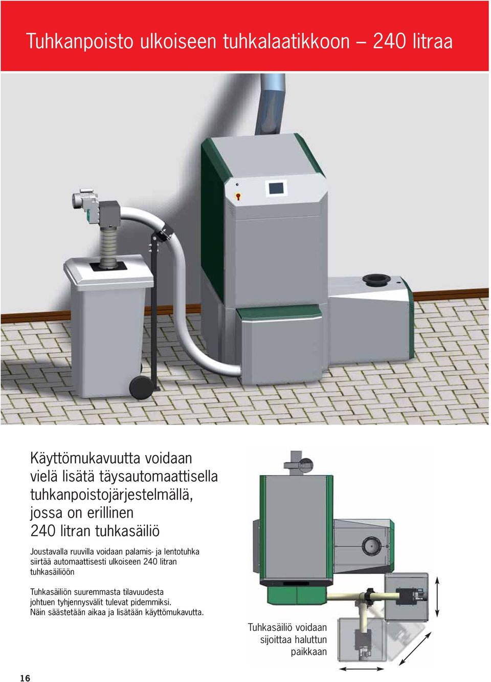 lentotuhka siirtää automaattisesti ulkoiseen 240 litran tuhkasäiliöön Tuhkasäiliön suuremmasta tilavuudesta johtuen