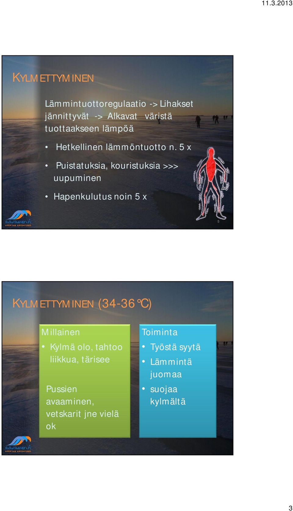 5 x Puistatuksia, kouristuksia >>> uupuminen Hapenkulutus noin 5 x 5 KYLMETTYMINEN (34-36