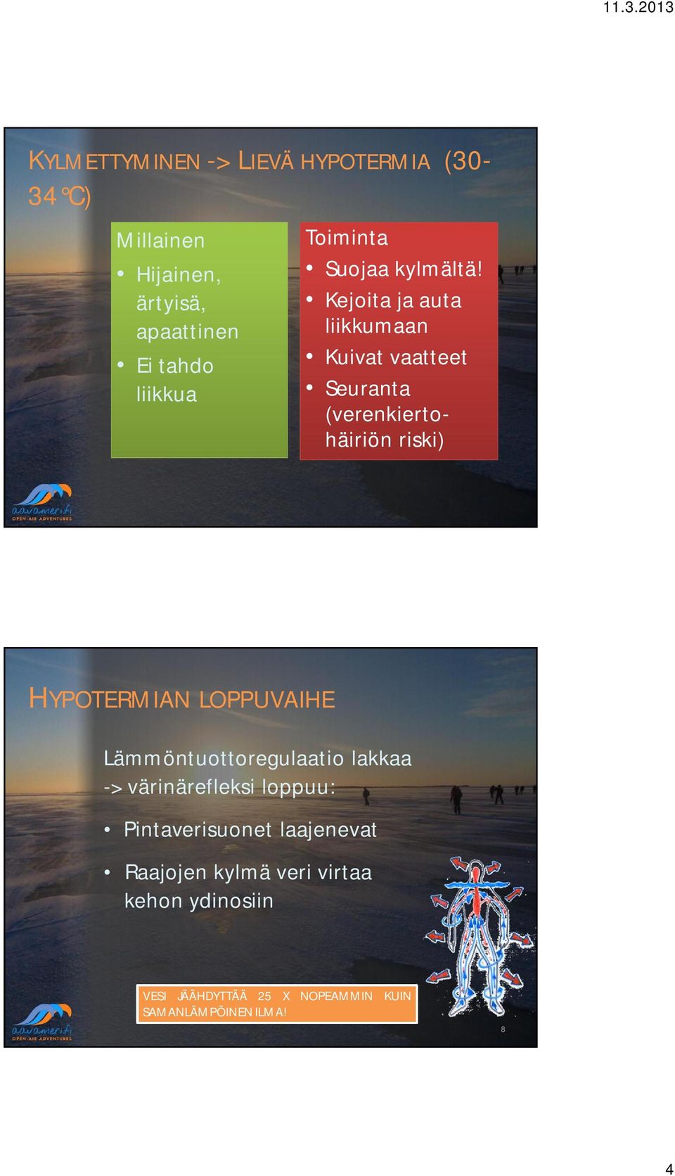 Kejoita ja auta liikkumaan Kuivat vaatteet Seuranta (verenkiertohäiriön riski) HYPOTERMIAN LOPPUVAIHE