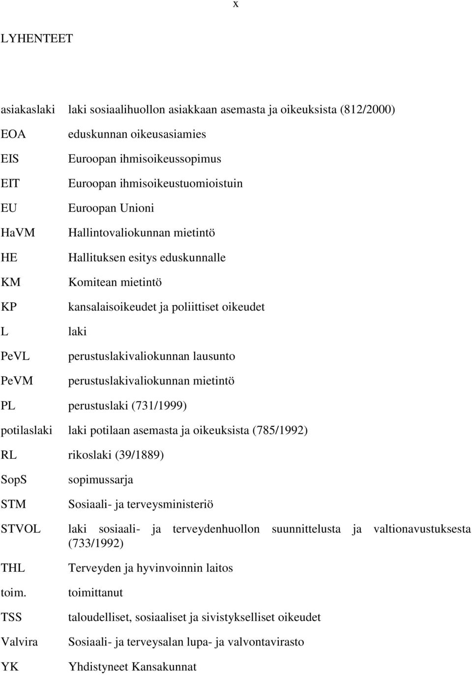 perustuslakivaliokunnan mietintö PL perustuslaki (731/1999) potilaslaki laki potilaan asemasta ja oikeuksista (785/1992) RL rikoslaki (39/1889) SopS STM STVOL THL toim.