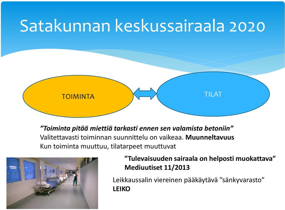 Muunneltavuus Kun toiminta muuttuu, tilatarpeet muuttuvat Tulevaisuuden sairaala on