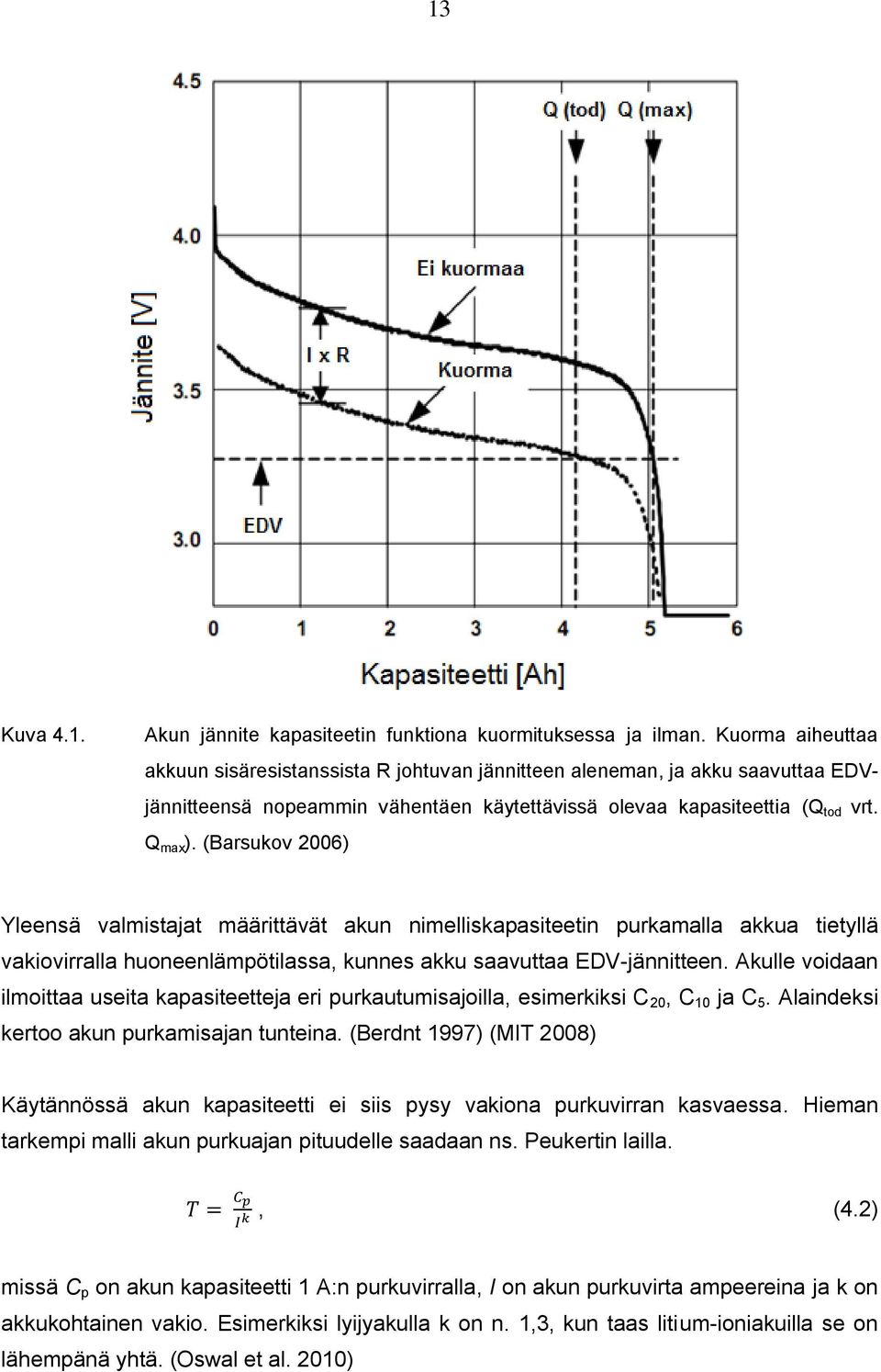 (Barsukov 2006) Yleensä valmistajat määrittävät akun nimelliskapasiteetin purkamalla akkua tietyllä vakiovirralla huoneenlämpötilassa, kunnes akku saavuttaa EDV-jännitteen.