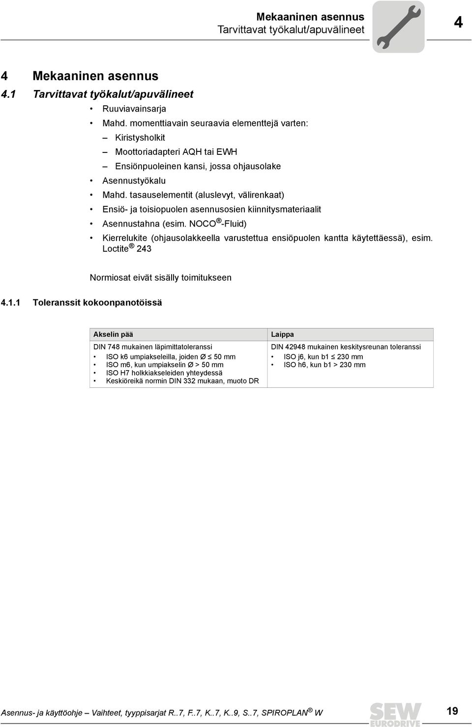 tasauselementit (aluslevyt, välirenkaat) Ensiö- ja toisiopuolen asennusosien kiinnitysmateriaalit Asennustahna (esim.