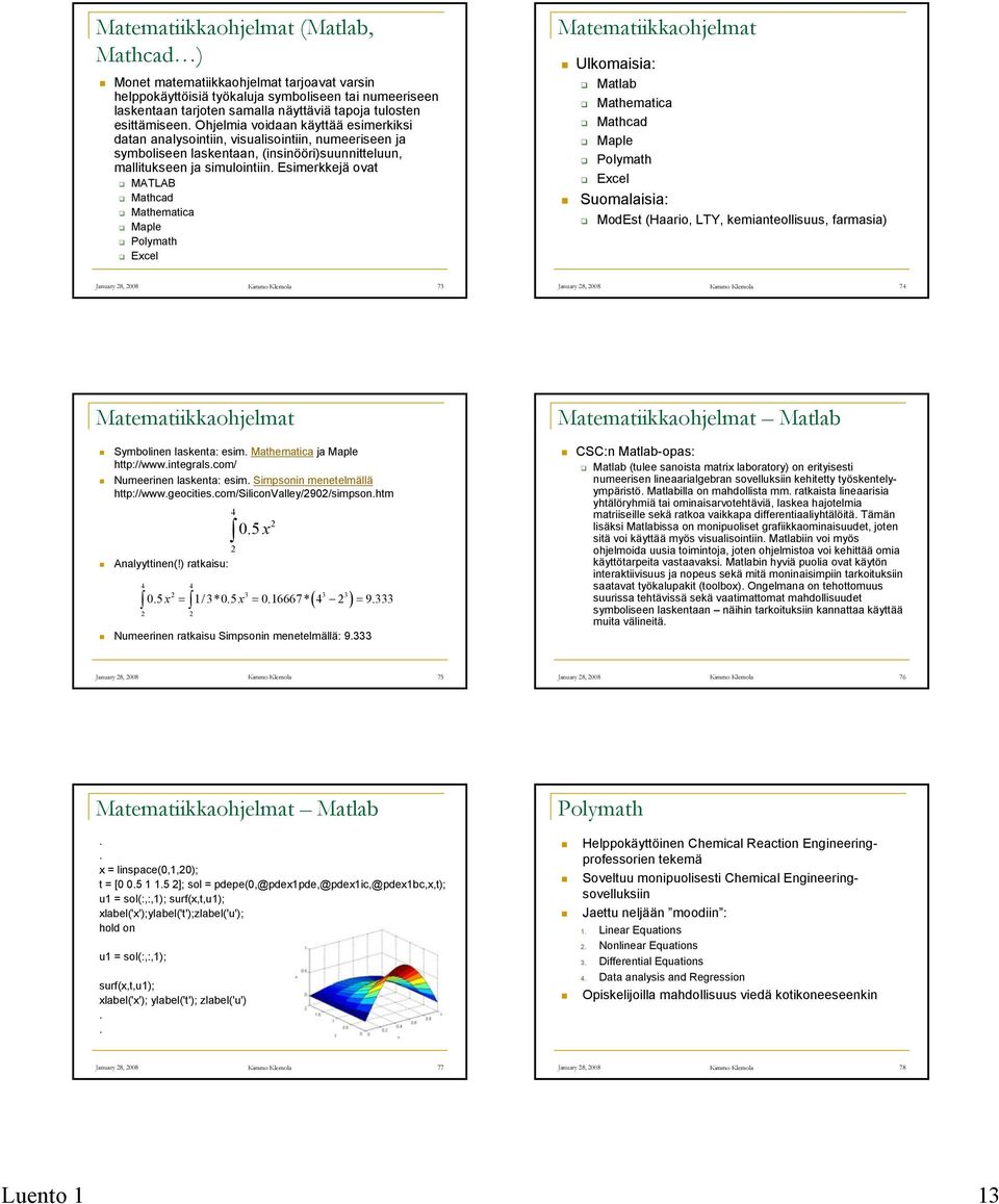 Esimerkkejä ovat MATLAB Mathcad Mathematica Maple Polymath Excel Matematiikkaohjelmat Ulkomaisia: Matlab Mathematica Mathcad Maple Polymath Excel Suomalaisia: ModEst (Haario, LTY, kemianteollisuus,