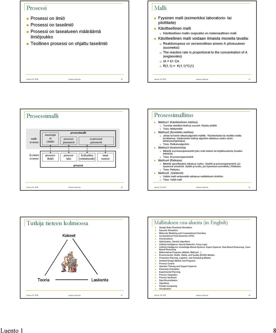 reaction rate is proportional to the concentration of A (englanniksi) ra = k1 CA R(1,1) = K(1,1)*C(1) January 28, 2008 Kimmo Klemola 43 January 28, 2008 Kimmo Klemola 44 Prosessimalli prosessilaite
