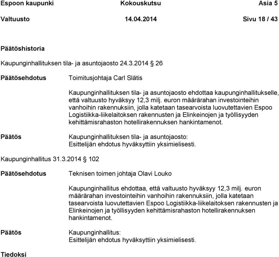 2014 26 Toimitusjohtaja Carl Slätis Kaupunginhallituksen tila- ja asuntojaosto ehdottaa kaupunginhallitukselle, että valtuusto hyväksyy 12,3 milj.