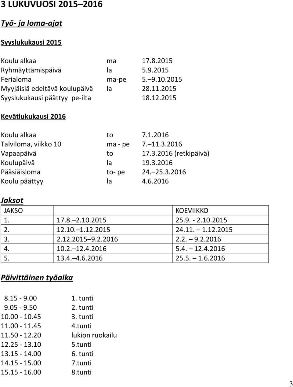 25.3.2016 Koulu päättyy la 4.6.2016 Jaksot JAKSO KOEVIIKKO 1. 17.8. 2.10.2015 25.9. - 2.10.2015 2. 12.10. 1.12.2015 24.11. 1.12.2015 3. 2.12.2015 9.2.2016 2.2. 9.2.2016 4. 10.2. 12.4.2016 5.4. 12.4.2016 5. 13.