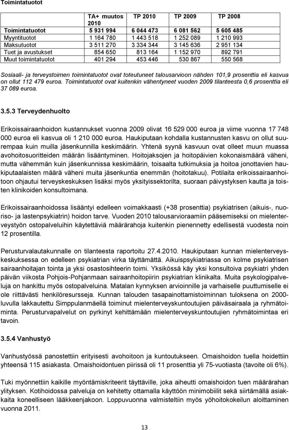 nähden 101,9 prosenttia eli kasvua on ollut 112 479 euroa. Toimintatuotot ovat kuitenkin vähentyneet vuoden 2009 tilanteesta 0,6 prosenttia eli 37 089 euroa. 3.5.