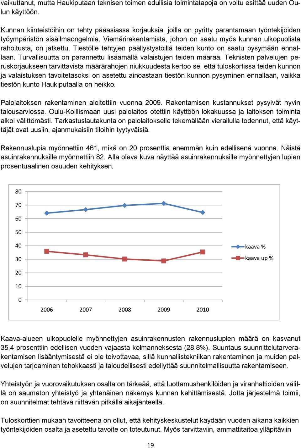 Viemärirakentamista, johon on saatu myös kunnan ulkopuolista rahoitusta, on jatkettu. Tiestölle tehtyjen päällystystöillä teiden kunto on saatu pysymään ennallaan.