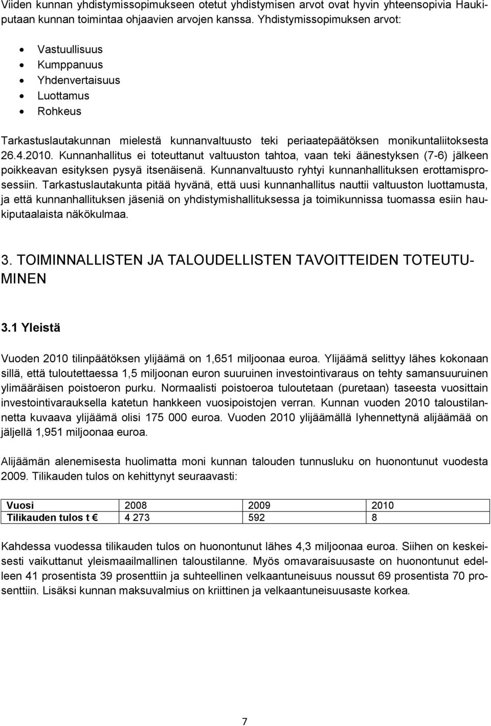 Kunnanhallitus ei toteuttanut valtuuston tahtoa, vaan teki äänestyksen (7-6) jälkeen poikkeavan esityksen pysyä itsenäisenä. Kunnanvaltuusto ryhtyi kunnanhallituksen erottamisprosessiin.