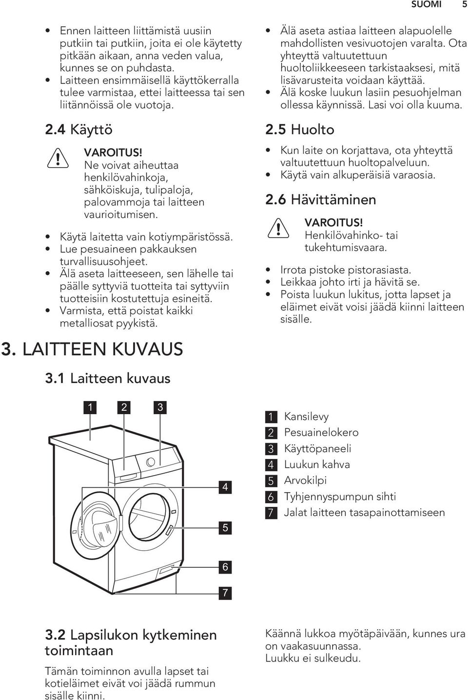 Ne voivat aiheuttaa henkilövahinkoja, sähköiskuja, tulipaloja, palovammoja tai laitteen vaurioitumisen. Käytä laitetta vain kotiympäristössä. Lue pesuaineen pakkauksen turvallisuusohjeet.