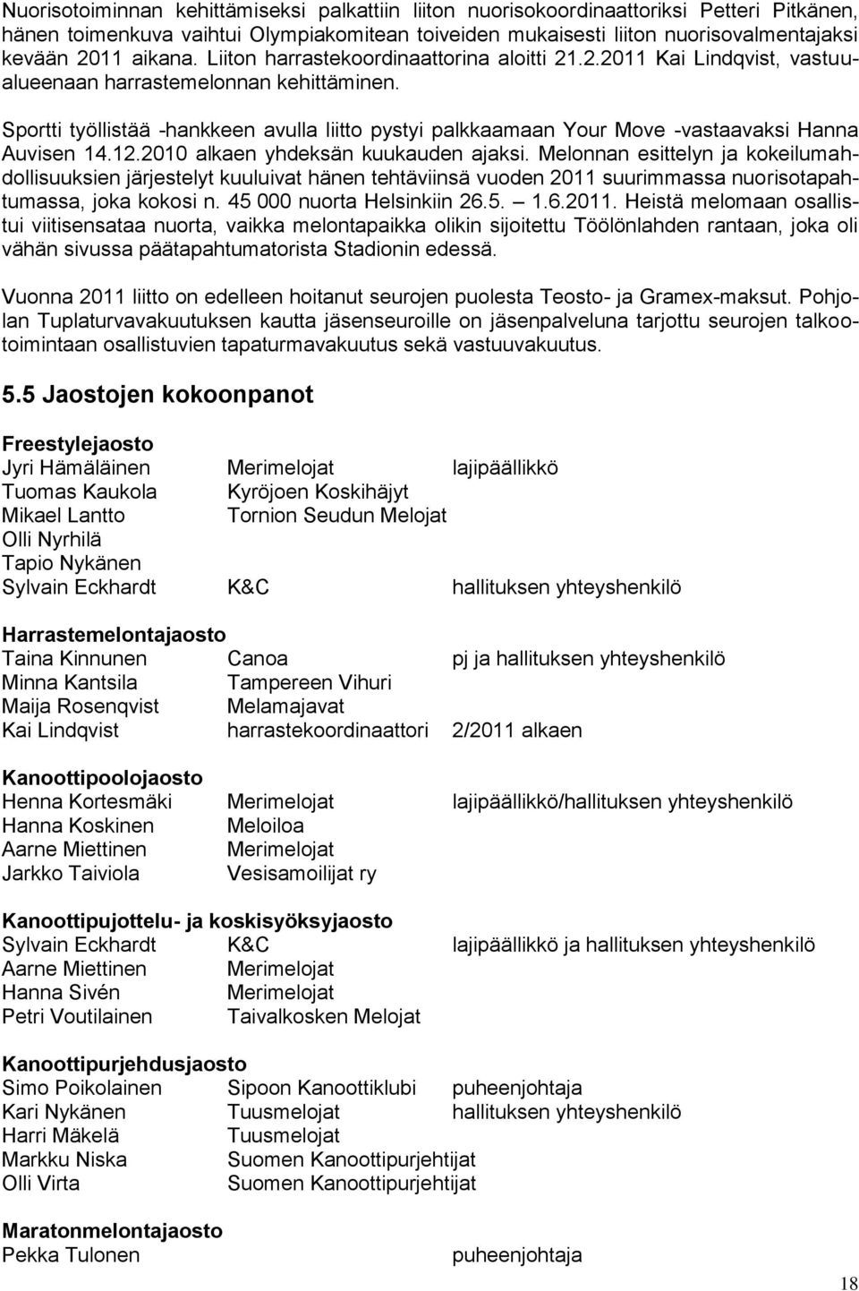 Sportti työllistää -hankkeen avulla liitto pystyi palkkaamaan Your Move -vastaavaksi Hanna Auvisen 14.12.2010 alkaen yhdeksän kuukauden ajaksi.