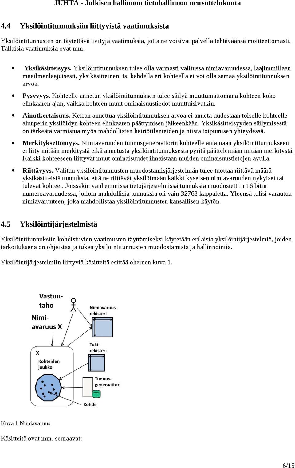 kahdella eri kohteella ei voi olla samaa yksilöintitunnuksen arvoa. Pysyvyys.