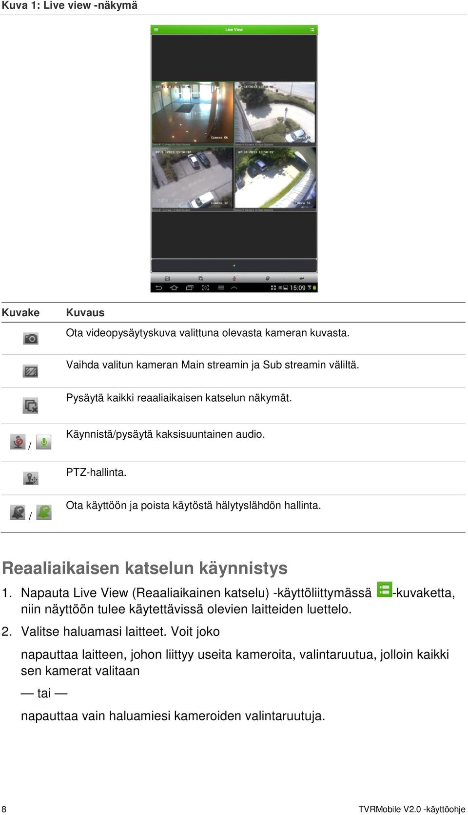 Reaaliaikaisen katselun käynnistys 1. Napauta Live View (Reaaliaikainen katselu) -käyttöliittymässä -kuvaketta, niin näyttöön tulee käytettävissä olevien laitteiden luettelo. 2.